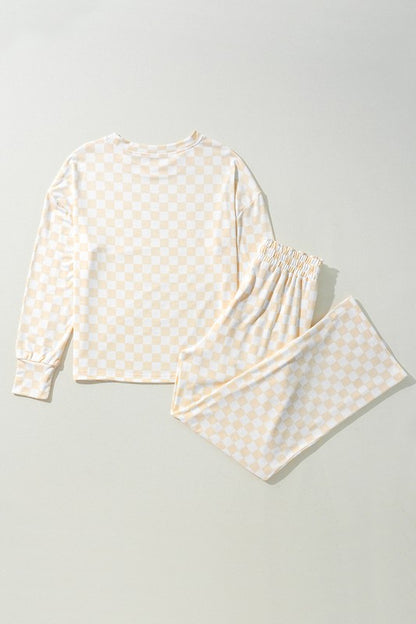 Checkered Print Long Sleeve Top Pants Lounge Set